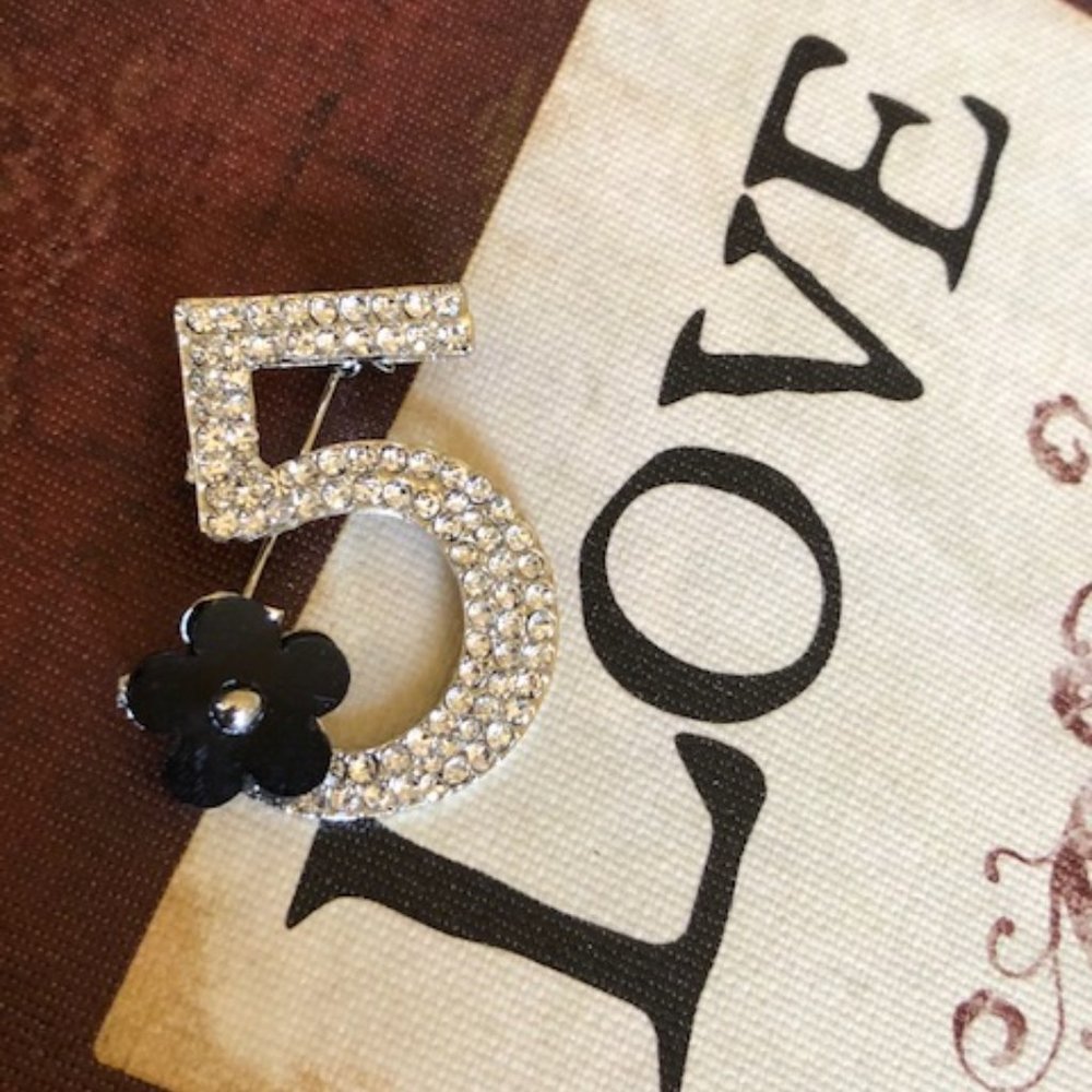 Rhinestone Number & Black Camellia French Style Bling Brooch